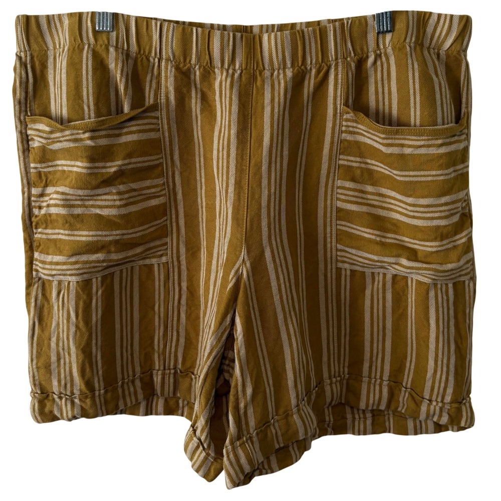 J. Jill Women's Mustard Yellow and White Striped Linen Blend Shorts in Size L